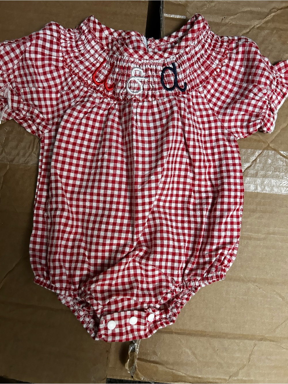Red Gingham Baby Bubble Romper with Monogram